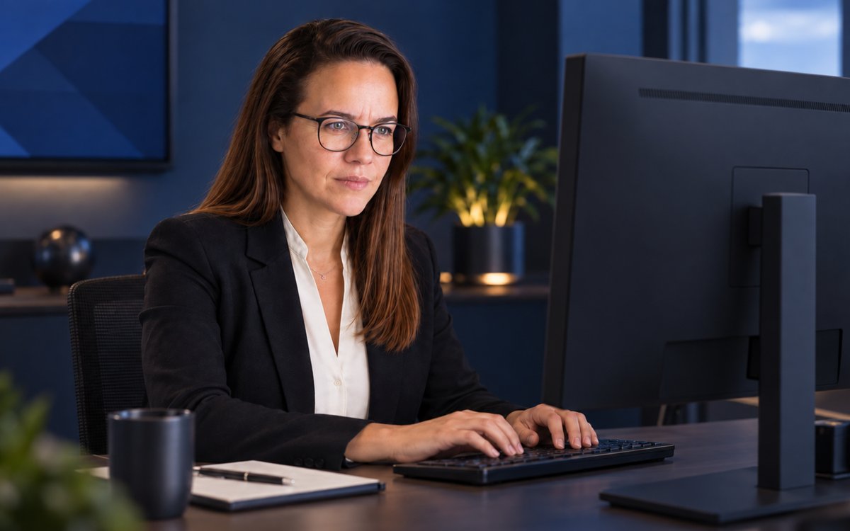 Renata Machado desenvolvendo e implementando o fluxo de solução no computador