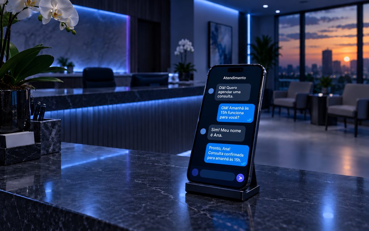 Recepção moderna com atendimento virtual em smartphone