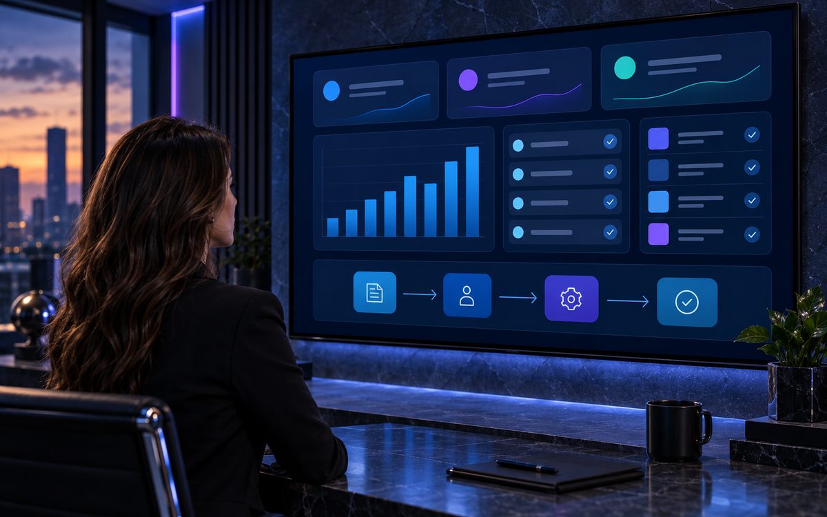 Gestora visualizando painel de controle e dados organizados